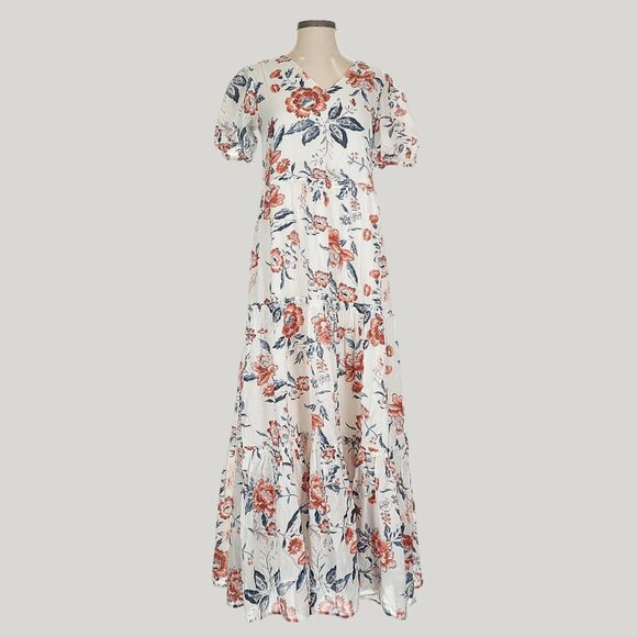 Lucky Brand Short Puff Sleeve V-neck Tiered Tie Back Floral Maxi Dress sz XS - Picture 2 of 7